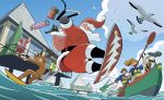  :d animal_costume bag beard bell bird blonde_hair blue_shirt blue_sky box building cat christmas christmas_tree cloud commentary_request dark-skinned_female dark_skin day dog facial_hair gift gift_box gloves grey_gloves gurihiru high_ponytail holding holding_bag holding_paddle kayak life_vest multiple_boys multiple_girls new_caledonia original paddle plump ponytail reindeer_costume santa_claus seagull shirt sky smile surfboard surfing water waving white_facial_hair white_gloves 
