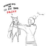 1:1 2020 ambiguous_gender angry anthro canid canine cape cape_only carrying_another cel_shading clothing dialogue duo elf english_text featureless_crotch featureless_legs fox frown guide_lines hair hair_bun hi_res humanoid humor inner_ear_fluff kenmochii larger_humanoid looking_at_another mammal mammalian_(stellaris) mammalian_3 monochrome mostly_nude paradox_interactive rear_view semi-anthro shaded size_difference smaller_anthro smile stellaris text tuft uniform