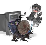  2boys bamboo-hatted_kim black_coat black_hair black_pants blood blood_on_clothes blood_on_hat blue_eyes coat commentary cosplay crt crying crying_with_eyes_open dark-skinned_male dark_skin distortion_(project_moon) flaming_eye flying_sweatdrops glowing glowing_eyes hat highres jingasa jun_(project_moon) limbus_company long_hair multiple_boys open_clothes open_coat pants project_moon shirt shoggoth_(sirens20211) short_hair tears television the_ring through_medium through_screen v-shaped_eyebrows white_background white_shirt white_trim yamamura_sadako yamamura_sadako_(cosplay) 