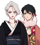  2girls aohitsugi_samatoki asymmetrical_bangs behind_another black_hair black_haori black_kimono black_sash blush braid choppy_bangs clenched_hand collarbone commentary_request crown_braid curtained_hair eyelashes eyeshadow floral_print floral_print_kimono flower flower_tattoo fur_scarf furrowed_brow genderswap genderswap_(mtf) green_eyes grey_eyeshadow hair_between_eyes hair_bun hair_flower hair_ornament hand_on_own_chest haori heterochromia highres hypnosis_mic irezumi japanese_clothes juban kikkoumon kimono light_frown looking_at_another looking_at_viewer loose_hair_strand makeup mole mole_under_eye multiple_girls nika_633 obi obiage obijime pale_skin pink_haori print_kimono red_eyes red_flower red_lips sash serious sideways_glance simple_background small_sweatdrop tattoo updo upper_body v-shaped_eyebrows white_background white_hair yamada_ichiro 