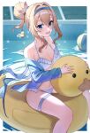  1girl ball beachball bikini blonde_hair blue_eyes blue_hairband blue_jacket blush collarbone commentary frilled_bikini frills girls'_frontline girls'_frontline_2:_exilium hair_bun hair_intakes hairband highres inflatable_duck inset_border jacket off_shoulder official_alternate_costume open_clothes open_jacket open_mouth pool rubber_duck shengwr sidelocks single_hair_bun smile solo suomi_(girls'_frontline) suomi_(girls'_frontline_2) suomi_(midsummer_pixie)_(girls'_frontline) swimsuit thigh_strap white_bikini 