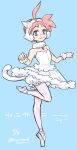  1girl :3 ahiru_(princess_tutu) ahoge alternate_costume animal_earmuffs animal_ears ballerina ballet ballet_slippers bare_shoulders bloomers blue_background blue_eyes cat_ears cat_girl cat_tail commentary_request earmuffs en_pointe freckles hair_bun jewelry orange_hair pantyhose pendant pink_pantyhose princess_tutu smile solo standing standing_on_one_leg tail tutu white_bloomers yameshoko 