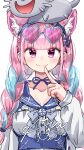  1girl absurdres animal_ear_fluff animal_ears animal_on_head blue_choker blue_sailor_collar blue_skirt blue_streaks braid cat cat_ears cat_girl cat_on_head choker closed_mouth commentary eyewear_on_head finger_to_mouth heart heart-shaped_eyewear highres hololive long_hair looking_at_viewer minato_aqua minato_aqua_(sailor) multicolored_hair nekko_(momosuzu_nene) on_head pink_hair purple_eyes ribbon_choker sailor_collar shirt skirt smile solo streaked_hair sunglasses twin_braids u_da_desu virtual_youtuber white_background white_shirt 