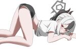  1girl absurdres bare_legs black_hair black_horns black_shorts blue_archive blush center-flap_bangs commentary demon_horns ear_piercing expressionless grey_halo halo highres horns kayoko_(blue_archive) mopi_(oooo5412) multicolored_hair piercing red_eyes shirt short_hair shorts sidelocks simple_background solo t-shirt top-down_bottom-up two-tone_hair white_background white_hair white_shirt 