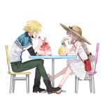  1boy 1girl ankle_boots bag bare_shoulders belt_collar black_boots black_bow black_ribbon blonde_hair blue_jacket blunt_bangs blush boots bow bracelet braid chair closed_eyes collar collarbone collared_jacket dress drink drinking_straw fang flipped_hair food from_side full_body green_pants grey_hair grey_shirt hair_between_eyes hair_ribbon handbag hat hat_bow highres holding holding_drink holding_drinking_straw holding_spoon jacket jewelry lace-up_boots lace_trim layered_sleeves light_bulb long_hair long_sleeves looking_at_another low_twin_braids makaino_ririmu makaino_ririmu_(3rd_costume) multicolored_hair nijisanji no_socks on_chair open_mouth pants plaid_clothes plaid_jacket platform_sandals pointy_ears red_bag red_collar red_streaks ribbed_shirt ribbon sandals shaved_ice shirt short_hair short_over_long_sleeves short_sleeves shoulder_bag sidelocks simple_background sitting sleeveless sleeveless_dress sleeves_rolled_up smile spoon strap_slip straw_hat streaked_hair sundress table twin_braids two-tone_hair uzuki_kou uzuki_kou_(1st_costume) virtual_youtuber white_background white_dress white_jacket yoe777ty 