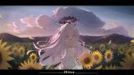  1girl blue_archive cloud collarbone dress field flower flower_field hair_ornament hairclip halo hina_(blue_archive) horns kilireo letterboxed long_hair looking_at_viewer mountainous_horizon open_mouth outdoors purple_eyes solo sundress sunflower sunflower_field white_dress 
