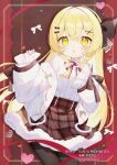  1girl :o black_bow black_pantyhose blonde_hair blush bow brown_skirt center_frills commentary_request commission frills fur-trimmed_skirt fur_trim hair_between_eyes hair_bow hair_ornament hairclip hand_up heart jacket long_hair long_sleeves looking_at_viewer original pantyhose parted_lips pinching_sleeves plaid_clothes plaid_skirt puffy_long_sleeves puffy_sleeves red_ribbon ribbon shirt skeb_commission skirt sleeves_past_wrists solo toufu_mentaru_zabuton very_long_hair watermark white_jacket white_shirt x_hair_ornament yellow_eyes 