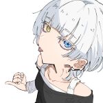  1girl bang_dream! bang_dream!_it's_mygo!!!!! black_shirt blue_eyes commentary ear_piercing earclip earrings heterochromia highres jewelry kaname_raana layered_sleeves long_sleeves looking_at_viewer piercing pinky_out shirt short_over_long_sleeves short_sleeves simple_background solo tongue tongue_out tsuyudashimirin white_background white_shirt yellow_eyes 