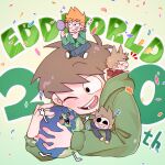  4boys anniversary antenna_hair black_eyes black_shoes blue_hoodie blue_pants blush brown_hair chibi commentary_request confetti copyright_name denim drawstring earth_(planet) edd_(eddsworld) eddsworld english_text flipped_hair green_background green_hoodie green_jacket grin hair_behind_ear hair_ears highres holding holding_mirror holding_planet hollow_eyes hood hood_down hoodie jacket jeans long_sleeves male_focus matt_(eddsworld) mau_(edd_tom) mini_person miniboy mirror multiple_boys musical_note on_head one_eye_closed open_clothes open_mouth orange_hair pants planet purple_hoodie red_hoodie shoes short_hair simple_background sitting smile sneakers solo_focus sparkle spiked_hair swept_bangs tom_(eddsworld) tord_(eddsworld) 