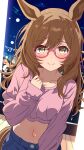  1girl 96dai_0313 absurdres alternate_hairstyle animal_ears blue_pants blush breasts brown_hair closed_mouth collarbone commentary_request denim glasses hair_down highres horse_ears horse_girl jeans long_hair long_sleeves looking_at_viewer medium_breasts midriff navel night outdoors pants pink-framed_eyewear pink_shirt shirt smart_falcon_(umamusume) smile solo umamusume 