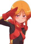  1girl absurdres black_bodysuit bodysuit breasts bright_pupils commentary_request gloves gundam gundam_zz hair_between_eyes half-closed_eyes highres long_sidelocks looking_at_viewer mecha_pilot_suit multicolored_bodysuit neo_zeon normal_suit_(gundam) onimaru_(onimal7802) orange_hair purple_eyes puru_two red_bodysuit red_gloves salute short_hair sidelocks simple_background skin_tight small_breasts smile solo upper_body white_background white_pupils 
