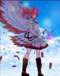  1girl ahoge astartefrost belt black_boots blue_sky boots buttons cloud cloudy_sky collar dated drill_hair english_commentary feather_hair feathers frilled_skirt frills from_behind grey_shirt hair_between_eyes half-harpy highres huge_ahoge idol idol_clothes kasane_teto long_sleeves looking_back medium_hair monsterification multicolored_feathers red_eyes red_feathers red_hair red_trim shirt shoulder_belt signature skirt sky solo sparkle spread_wings synthesizer_v thigh_boots twin_drills utau watermark 