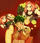  1boy 1girl black_gloves black_tank_top blush bodysuit boku_no_hero_academia breasts cleavage commentary crosshair_pupils elbows_on_table freckles gloves goggles goggles_on_head green_bodysuit green_hair grey_jacket hatsume_mei head_rest highres jacket large_breasts long_hair midoriya_izuku open_mouth pink_hair school_uniform short_hair sitting sweat table tank_top translated u.a._school_uniform user_wvfa4724 yellow_eyes 