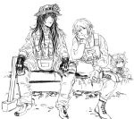  1boy 1girl androgynous black_hair blood blood_on_cigarette blood_on_hands boots bulletproof_vest camouflage camouflage_jacket camouflage_pants cheek_rest cigarette commentary digital_camouflage english_commentary evgenia_blinova exhausted fingerless_gloves fumo_(doll) gloves greyscale hammer highres holding holding_cigarette jacket kenneth_del_duca long_hair looking_at_viewer medium_hair military mole mole_above_mouth monochrome morale_patch non-web_source original pants russo-ukrainian_war sad_smile sitting sledgehammer soldier sweetrinaxd tactical_gloves tanya_degurechaff tanya_degurechaff_(sleepwalker) zipper_pull_tab 