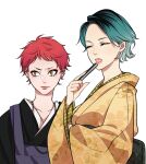  2girls :o aqua_hair beads black_kimono closed_eyes collarbone commentary_request ear_piercing earrings eyelashes eyeliner facing_to_the_side fan_print fan_to_mouth floral_print floral_print_kimono folded_fan folding_fan forehead from_side frown genderswap genderswap_(mtf) gradient_hair hand_fan hand_up harai_kuko highres holding holding_fan hypnosis_mic japanese_clothes jewelry juban kesa kimono long_sleeves looking_to_the_side makeup multicolored_hair multiple_girls multiple_piercings necklace nika_633 nurude_sasara obi open_mouth orange_eyeliner orange_lips piercing pink_lips pink_nails plug_(piercing) prayer_beads print_kimono red_eyeliner red_hair roots_(hair) sash short_bangs short_eyebrows short_hair sideways_glance simple_background stud_earrings teeth upper_body upper_teeth_only v-shaped_eyebrows very_short_hair white_background wide_sleeves yellow_eyes yellow_kimono 