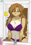 album anthro bathroom bathroom_floor big_breasts bird_dog bra breasts brown_hair canid canine canis chest_fur cleavage clothed clothing domestic_dog door erilas_(twokinds) eye_bags eyebrows female fur gradient_fur hair handwritten_text hi_res hunting_dog jordanos21 labrador mammal marble mirror panties post-it_note purple_bra purple_clothing purple_eyes purple_panties purple_underwear retriever shaded sink soap solo tail text tired tired_eyes twokinds underwear white_body white_fur wide_hips yellow_body yellow_fur