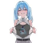  1girl absurdres arahashi_tabi belt black_belt blue_eyes blue_hair blush breast_focus breasts clothes_pull collared_shirt commentary grey_hair grey_streaks hair_between_eyes highres korean_commentary looking_at_viewer multicolored_hair open_clothes open_shirt opened_by_self sangobob shirt simple_background sleeveless sleeveless_shirt small_breasts smile solo stellive teeth twintails two-tone_hair upper_body virtual_youtuber white_background white_shirt 
