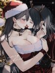  2girls antlers bang_dream! bang_dream!_it's_mygo!!!!! bare_shoulders bell black_choker black_hair blackfangs breasts chinese_commentary choker christmas cleavage closed_eyes closed_mouth commentary_request dress earrings english_text food hat highres horns jewelry large_breasts long_hair macaron merry_christmas mouth_hold multiple_girls neck_bell purple_eyes red_dress red_hat reindeer_antlers santa_costume santa_dress santa_hat shiina_taki snowflake_earrings yahata_umiri yuri 