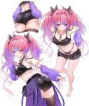  1girl absurdres anger_vein ass barefoot black_panties black_shorts black_thighhighs blue_eyes blush breasts clothes_pull commentary cropped_shirt highres hololive hololive_dev_is kikirara_vivi kikirara_vivi_(1st_costume) looking_at_viewer medium_breasts multicolored_hair multiple_views navel panties pink_hair purple_hair shorts shorts_pull simple_background soup_(soupysoull) thighhighs two-tone_hair underwear virtual_youtuber white_background 