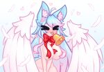  1girl animal_ear_fluff animal_ears bell blue_hair blush bow bowtie cherry_blossoms commentary english_commentary feathers fox_ears fox_tail full-face_blush highres indie_virtual_youtuber limebreaker long_hair multicolored_hair nude pink_feathers pink_hair red_bow red_bowtie red_ribbon ribbon silvervale solo tail wings 