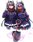  2girls animal_ears bandaid bandaid_on_face bandaid_on_nose black_hair blue_coat blush breasts buttons closed_mouth coat commentary_request dark-skinned_female dark_skin double-breasted ear_scrunchie hair_between_eyes hair_ornament hairclip heart highres hishi_amazon_(umamusume) holding_hands horse_ears horse_girl horse_tail long_hair long_sleeves looking_at_viewer multiple_girls naegi_happy narita_brian_(umamusume) ponytail purple_serafuku purple_skirt purple_thighhighs red_eyes red_scarf red_scrunchie scarf school_uniform scrunchie serafuku simple_background skirt striped_clothes striped_scrunchie tail thighhighs tracen_school_uniform tracen_winter_coat two-tone_bandeau umamusume very_long_hair white_background winter_clothes winter_coat winter_uniform yellow_eyes yuri 
