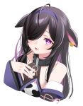  1girl ahoge animal_ears animal_print bare_shoulders belt_collar black_collar black_hair blush braid breasts cleavage_cutout clothing_cutout collar colored_inner_hair commentary_request cow_ears cow_girl cow_print cropped_torso detached_sleeves ear_tag from_above hair_over_one_eye hair_ribbon hairband hand_on_own_chest highres japanese_clothes kimono large_breasts long_hair long_sleeves looking_at_viewer mole mole_under_eye multicolored_hair nekoseenma nijisanji one_eye_covered parted_bangs parted_lips pink_ribbon print_kimono purple_eyes purple_hair purple_hairband purple_sleeves ribbon see-through_cleavage see-through_clothes side_braid sidelocks simple_background single_braid smile solo streaked_hair tassel upturned_eyes virtual_youtuber white_background wide_sleeves yagyu_shino 