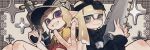  1boy 1girl black_bow black_hairband black_hat black_shrug blonde_hair bow bow_hairband closed_mouth gradient_clothes gradient_shirt grey_eyes grin hair_bow hairband hat highres holding holding_weapon hood hood_down hooded_shrug inkling inkling_boy inkling_girl inkling_player_character long_hair long_sleeves looking_at_viewer orange_shirt pointy_ears prat_rat purple_eyes shirt short_hair short_sleeves shrug_(clothing) smile splash-o-matic_(splatoon) splatana_stamper_(splatoon) splatoon_(series) t-shirt tentacle_hair two-tone_shirt visor_cap w watermark watermark_grid weapon white_shirt yellow_shirt 