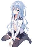  1girl black_sailor_collar black_skirt black_thighhighs blue_eyes blush bra breasts closed_mouth collarbone commentary fathom grey_hair hibiki_(kancolle) highres kantai_collection long_hair navel own_hands_together pleated_skirt sailor_collar sailor_shirt school_uniform serafuku shirt simple_background sitting skirt small_breasts stomach thighhighs training_bra unbuttoned unbuttoned_shirt underwear verniy_(kancolle) very_long_hair wariza white_background white_shirt 