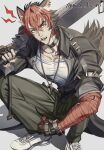  1boy absurdres animal_ears bandaged_arm bandages black_gloves black_jacket collarbone cyvm dog_boy dog_ears dog_tail fingerless_gloves gloves highres holding holding_sword holding_weapon huge_weapon jacket jewelry komano_manato leaf_in_mouth looking_at_viewer male_focus muscular muscular_male necklace over_shoulder pectorals red_bandage shirt shoes sword sword_over_shoulder tail weapon weapon_over_shoulder white_shirt white_shoes zenless_zone_zero 