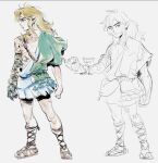  1boy asymmetrical_clothes blonde_hair body_markings closed_mouth commentary earrings english_commentary english_text full_body gladiator_sandals jewelry kb-mon link long_hair male_focus multiple_views pointy_ears profile prosthesis sandals sidelocks solo the_legend_of_zelda the_legend_of_zelda:_tears_of_the_kingdom white_background 