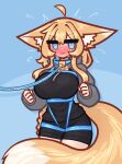  1girl animal_ear_fluff animal_ears black_hoodie black_shorts blonde_hair blue_eyes blush braid commentary english_commentary flustered fox_ears fox_tail full-face_blush harness highres hood hoodie indie_virtual_youtuber leash limebreaker long_hair shorts single_braid solo tail thick_eyebrows viewer_holding_leash whiskey_project 