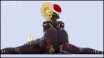 16:9 2_horns 3d_(artwork) anthro areola big_areola big_breasts big_horn black_body black_border black_scales black_sclera blue_background border bracelet breasts brown_areola brown_nipples capcom christmas christmas_clothing christmas_headwear clothing curled_horn digital_media_(artwork) dragon elder_dragon female flexible glistening glistening_body glistening_scales gold_(metal) gold_bracelet gold_jewelry gold_nails hat headgear headwear hi_res holidays horn huge_breasts jewelry kulve_taroth looking_at_viewer monster_hunter mythological_creature mythological_scalie mythology nipple_piercing nipple_ring nipples non-mammal_breasts non-mammal_nipples orange_eyes piercing ring_piercing santa_hat scales scalie simple_background solo spikes spikes_(anatomy) splits spread_legs spreading striped_arms striped_body striped_legs striped_scales stripes thenicedragon thick_thighs watermark widescreen yellow_horn