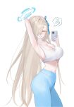  1girl absurdres alternate_costume armpits asuna_(blue_archive) bare_shoulders blonde_hair blue_archive blue_halo blue_pants blush breasts cellphone chico_(51m741) cleavage closed_eyes collarbone commentary covered_groin grin hair_over_one_eye halo highres holding holding_phone large_breasts long_hair mole mole_on_breast navel pants phone presenting_armpit selfie shirt sideboob skin_tight skindentation smartphone smile solo spoken_v symbol-only_commentary tank_top very_long_hair white_shirt 