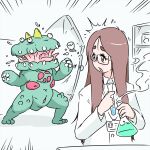 1:1 2020 ambiguous_gender animal_genitalia beaker big_bomber breasts broken_door brown_hair clothing coat comic door duo eyewear female front_view fumes genital_slit genitals glasses green_body hair hi_res human japanese_description lab_coat laboratory laboratory_equipment laboratory_glassware looking_at_another looking_back looking_back_at_another male_(lore) mammal monster navel scientific_instrument simple_background topwear white_background