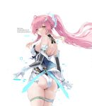  1girl absurdres aemeath_(wuthering_waves) aimu_(angry9565) artist_name ass back bare_shoulders breasts closed_mouth commentary_request elbow_gloves from_behind gloves hair_ornament highres leotard long_hair looking_at_viewer looking_back medium_breasts partial_commentary pink_hair smile solo star-shaped_pupils star_(symbol) symbol-shaped_pupils thigh_strap thighs white_gloves white_leotard wuthering_waves 