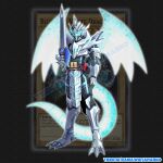  1boy absurdres armor artist_name belt blue-eyes_white_dragon blue-eyes_white_dragon_(cosplay) bodysuit card commentary cosplay dragon_tail dragon_wings english_commentary full_armor full_body gloves helmet highres holding holding_weapon kamen_rider kamen_rider_blade kamen_rider_blade_(series) male_focus ramawidjanarko2 rider_belt solo standing sword tail tokusatsu watermark weapon wings yu-gi-oh! 