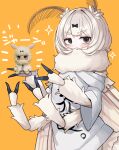  1girl absurdres antennae arthropod_girl arthropod_limbs commentary_request compound_eyes extra_arms fewer_digits furrowed_brow grey_hair hair_intakes highres insect_wings kaiko-chan_(planhaplalan) kumano_plan looking_at_viewer moth_antennae moth_girl neck_fur original shirt short_hair short_sleeves simple_background solo thick_eyebrows upper_body white_shirt wide_sleeves wings yellow_background 