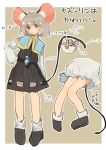  1girl animal_ears basket black_shoes bloomers blue_capelet blush capelet closed_mouth commentary_request edamanecha grey_hair hand_on_own_hip highres holding holding_with_tail jewelry long_sleeves looking_at_viewer mouse_(animal) mouse_ears mouse_girl mouse_tail nazrin outline pendant pointing_out_the_details prehensile_tail red_eyes shoes socks solo tail touhou translation_request white_bloomers white_outline white_socks 