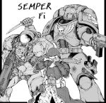  3boys absurdres adeptus_astartes armor belt_pouch black_border bolter border bracer breastplate character_request coat combat_knife commentary_request crossover energy_gun full_armor gloves greyscale gun helmet highres holding holding_bolter holding_gun holding_knife holding_weapon knife korean_commentary korean_text laser_rifle latin_commentary latin_text lightningace marine_(starcraft) mixed-language_commentary monochrome multiple_boys outside_border pants pauldrons pouch power_armor science_fiction shoulder_armor space_marine star_wars starcraft warhammer_40k weapon winged_skull 