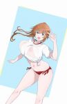  1girl bikini bikini_under_clothes blue_eyes breasts brown_hair charlotte_e._yeager commentary_request feet_out_of_frame highres long_hair osage_gankyou ponytail red_bikini shirt side-tie_bikini_bottom solo standing strike_witches swimsuit t-shirt tied_shirt v white_shirt world_witches_series 