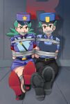  2girls absurdres black_pants blue_hat blue_shirt bound gag green_hair hat high_heels highres improvised_gag jenny_(pokemon) lost_one_zero multiple_girls pants pokemon pokemon_(anime) police police_hat police_uniform policewoman purple_hat purple_shirt red_eyes restrained shirt sitting tape tape_bondage tape_gag wavy_hair 