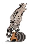  1boy 2014 bodysuit cartoonized commentary_request frown full_body furry furry_male guardians_of_the_galaxy gun gurihiru hand_on_own_hip highres holding holding_gun holding_weapon huge_weapon looking_at_viewer male_focus marvel orange_bodysuit raccoon_boy rocket_raccoon sleeveless sleeveless_bodysuit solo toon_(style) weapon white_background 