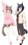  2girls animal_ears black_dress black_hair blue_eyes blush bob_cut bow breasts brown_eyes brown_hair brown_jacket brown_skirt casual closed_mouth commentary_request dress ear_scrunchie eishin_flash_(casual)_(umamusume) eishin_flash_(umamusume) hair_between_eyes hair_bow highres horse_ears horse_girl horse_tail jacket large_breasts long_hair long_sleeves looking_at_viewer multiple_girls open_mouth pink_bow pink_shirt pink_sweater plaid_clothes plaid_skirt purple_bow scrunchie shiromaru_illust shirt shoes short_hair simple_background skirt smart_falcon_(casual)_(umamusume) smart_falcon_(umamusume) smile sweater swept_bangs tail thighhighs twintails umamusume waving white_background white_scrunchie white_thighhighs yellow_bow 