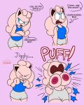 2022 4:5 annoyed anthro anthrofied big_breasts blue_eyes bottomwear breast_expansion breast_growth breasts cailila_(unfortu-nate) clothed clothing dialogue digital_media_(artwork) english_text expansion female forced fur generation_1_pokemon growth hi_res jigglypuff navel nintendo nipples offscreen_character open_mouth pink_background pink_body pink_fur pokemon pokemon_(species) pokemorph red_nipples shirt shorts simple_background solo text topwear torn_clothing torn_shirt torn_topwear unfortu-nate