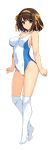 1girl absurdres breasts brown_eyes brown_hair closed_mouth collarbone commentary_request covered_navel covered_nipples cowboy_shot full_body hair_ribbon hairband haruhisky highres large_breasts medium_hair one-piece_swimsuit over-kneehighs ribbon simple_background smile solo standing suzumiya_haruhi suzumiya_haruhi_no_yuuutsu swimsuit thighhighs thighs variant_set white_background white_one-piece_swimsuit yellow_hairband yellow_ribbon 