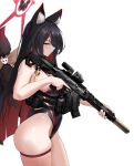  1girl absurdres akm animal_ear_fluff animal_ears assault_rifle black_hair black_one-piece_swimsuit blue_archive breasts closed_mouth commentary commission competition_swimsuit curvy fox_ears fox_girl from_side gun halo highres holding holding_gun holding_weapon kalashnikov_rifle large_breasts long_hair one-piece_swimsuit pixiv_commission pouch revision rifle rynn_(rynn_cube) solo standing suppressor swimsuit tactical_clothes thick_thighs thigh_strap thighs wakamo_(blue_archive) weapon yellow_eyes 