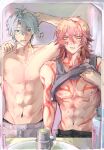  2boys abs antenna_hair arm_tattoo bite_mark blonde_hair blue_eyes braid chest_tattoo clothes_lift commentary english_commentary facial_tattoo gold_ring gradient_hair grey_tank_top highres holding holding_toothbrush honkai:_star_rail honkai_(series) male_focus medium_hair multicolored_hair multiple_boys musical_note mydei_(honkai:_star_rail) nakagem_0510 pants parted_bangs phainon_(honkai:_star_rail) red_hair red_tattoo shirt_lift short_hair side_braid sweatdrop sweatpants tank_top tattoo toned toned_male toothbrush toothbrush_in_mouth topless_male white_hair yaoi yellow_eyes 