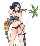  1girl absurdres arm_behind_back arm_behind_head bikini black_hair blue_eyes blush bow_(weapon) breasts closed_mouth collarbone commentary_request commission eduedude english_commentary feather_hair_ornament feathers fire_emblem fire_emblem_awakening fire_emblem_heroes hair_ornament highres holding holding_bow_(weapon) holding_weapon ko-fi_commission large_breasts looking_at_viewer navel noire_(fire_emblem) noire_(shade_seeker)_(fire_emblem) official_alternate_costume short_hair solo stomach sweatdrop swimsuit weapon white_background 