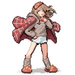  1girl blonde_hair brown_hair brown_shirt brown_socks closed_mouth commentary_request full_body highres holding holding_poke_ball jacket mask mask_on_head multicolored_hair niboshidrip orange_eyes pixel_art poke_ball poke_ball_(basic) red_jacket sendo_yuuhi sendo_yuuhi_(loungewear) shirt shorts sleep_mask slippers socks solo standing streaked_hair two-tone_hair virtual_youtuber vspo! white_background white_shorts 