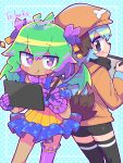  2girls :3 :q absurdres animal_nose bare_shoulders black_hair black_shorts black_thighhighs blue_background blue_hair blue_shirt blush_stickers borrowed_character bow bowtie brown_hat closed_mouth commentary_request commission commissioner_name cowboy_shot double-parted_bangs drawing_tablet fang fang_out gloves green_hair hair_between_eyes hair_bow hat heart heart-shaped_pupils highres holding holding_drawing_tablet holding_stylus long_sleeves looking_at_viewer looking_back multicolored_hair multiple_girls orange_shirt original pleated_skirt purple_bow purple_bowtie purple_eyes purple_gloves purple_hair purple_thighhighs richard_(richaball) shirt short_hair shorts single_thighhigh skeb_commission skirt sleeveless sleeveless_shirt smile stylus symbol-shaped_pupils thighhighs tongue tongue_out two-tone_hair yellow_skirt 